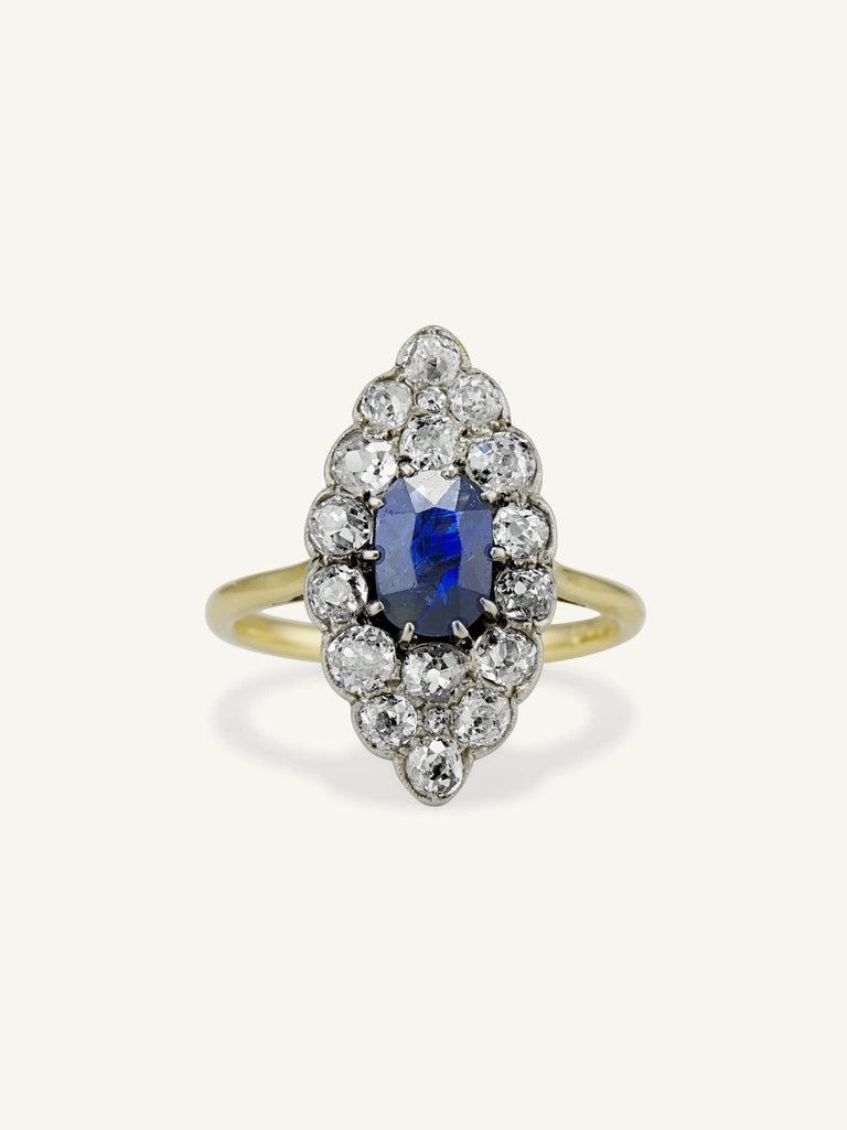 Edwardian .89 Carat Cushion Cut Sapphire & Diamond Dinner Ring