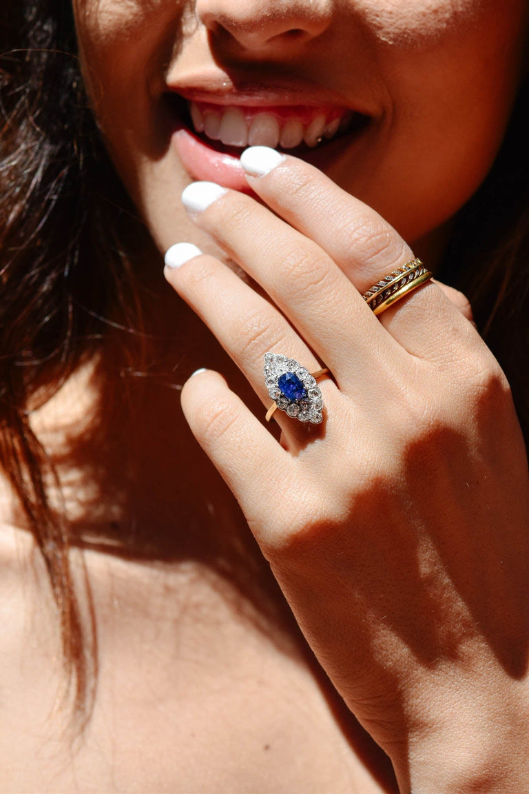 Edwardian .89 Carat Cushion Cut Sapphire & Diamond Dinner Ring