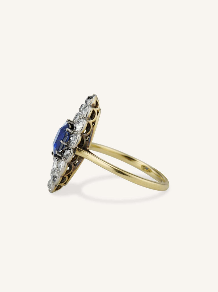 Edwardian .89 Carat Cushion Cut Sapphire & Diamond Dinner Ring