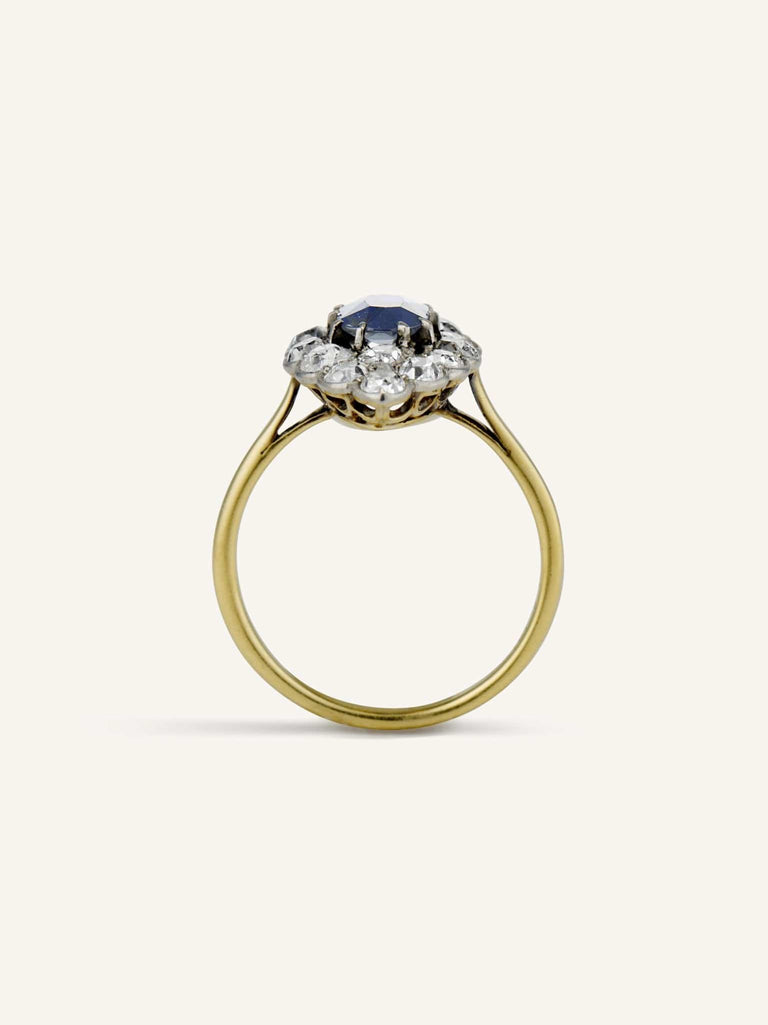Edwardian .89 Carat Cushion Cut Sapphire & Diamond Dinner Ring