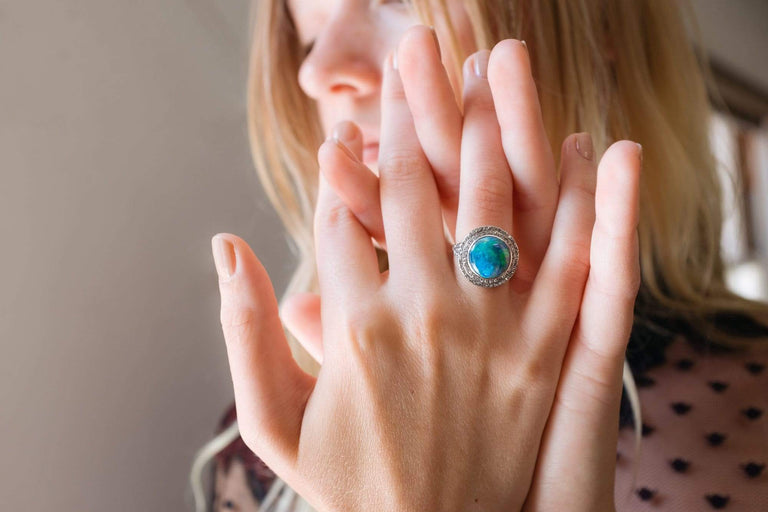 Edwardian Antique Opal and Diamond Halo Ring