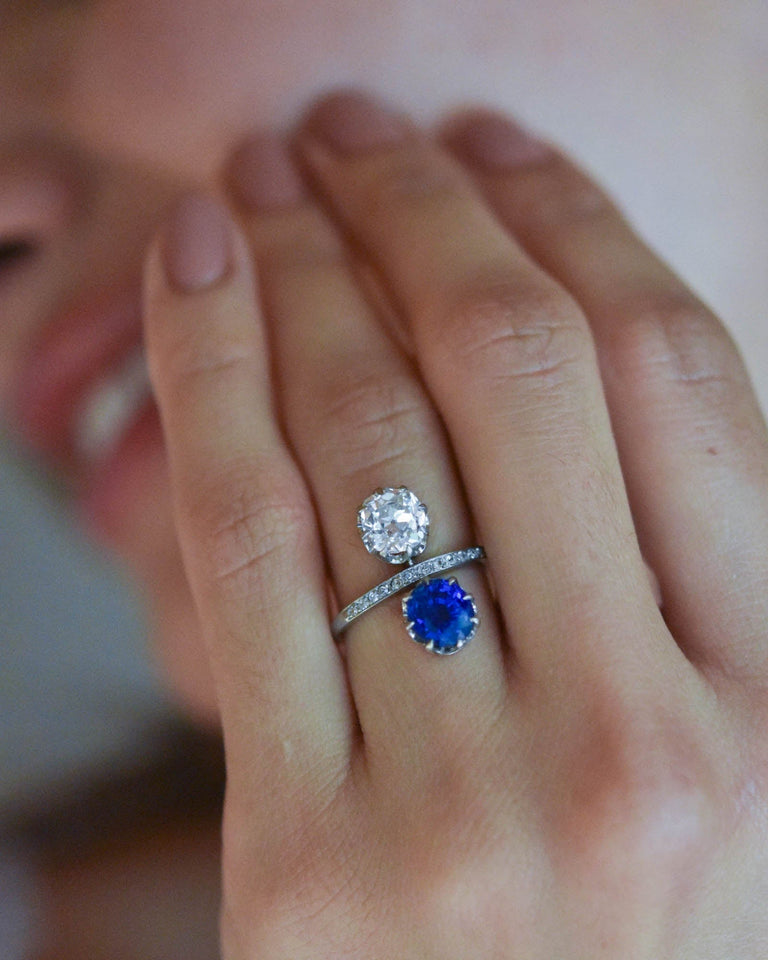 Edwardian Ceylon Sapphire & Old Mine Diamond Twin Ring