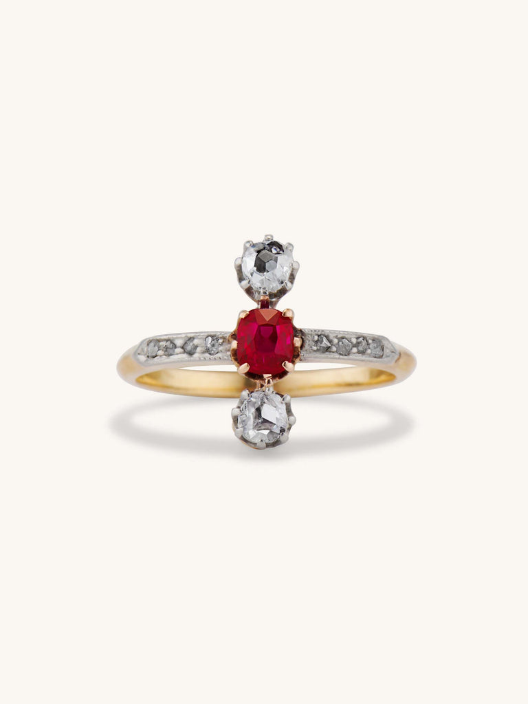 Edwardian Cushion Cut Ruby & Rose Cut Diamond Ring