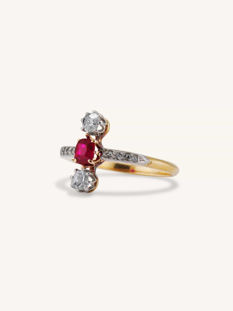 Edwardian Cushion Cut Ruby & Rose Cut Diamond Ring