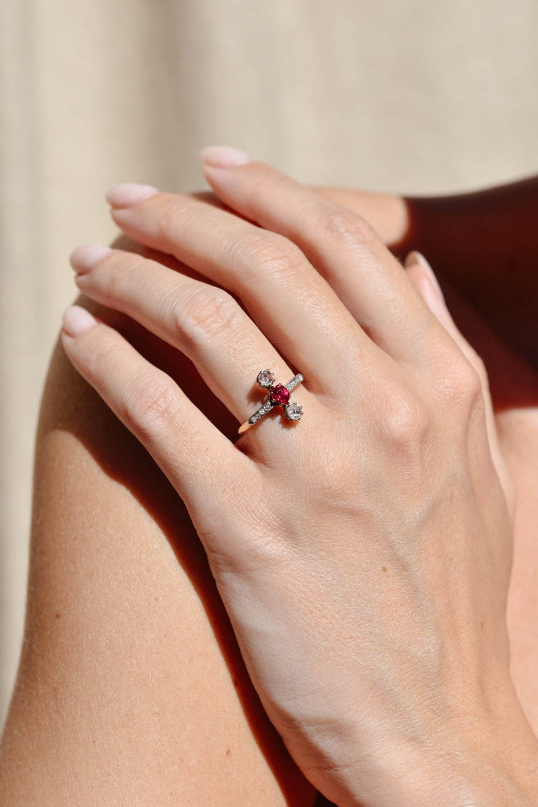 Edwardian Cushion Cut Ruby & Rose Cut Diamond Ring