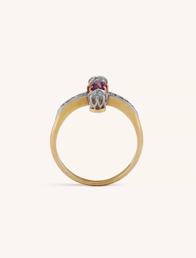 Edwardian Cushion Cut Ruby & Rose Cut Diamond Ring