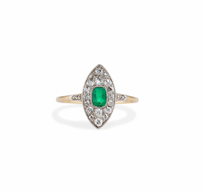 Edwardian Cushion Emerald and Diamond Navette Ring