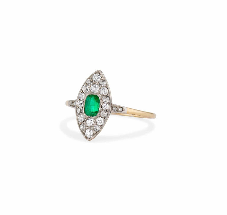 Edwardian Cushion Emerald and Diamond Navette Ring