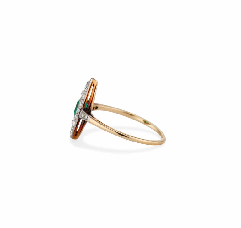 Edwardian Cushion Emerald and Diamond Navette Ring