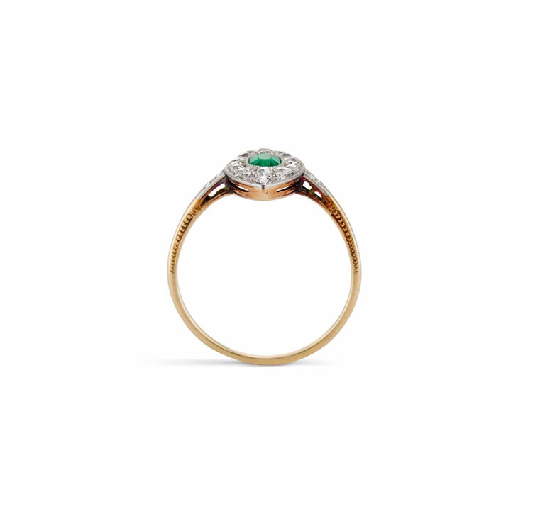 Edwardian Cushion Emerald and Diamond Navette Ring