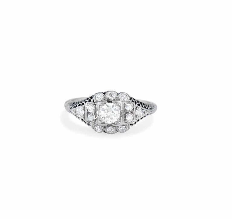 Edwardian Diamond and Platinum Cluster Engagement Ring