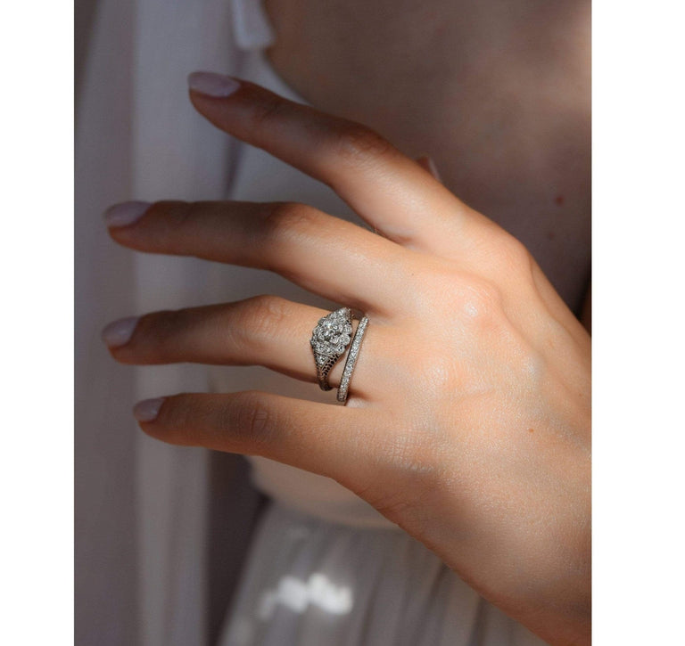 Edwardian Diamond and Platinum Cluster Engagement Ring