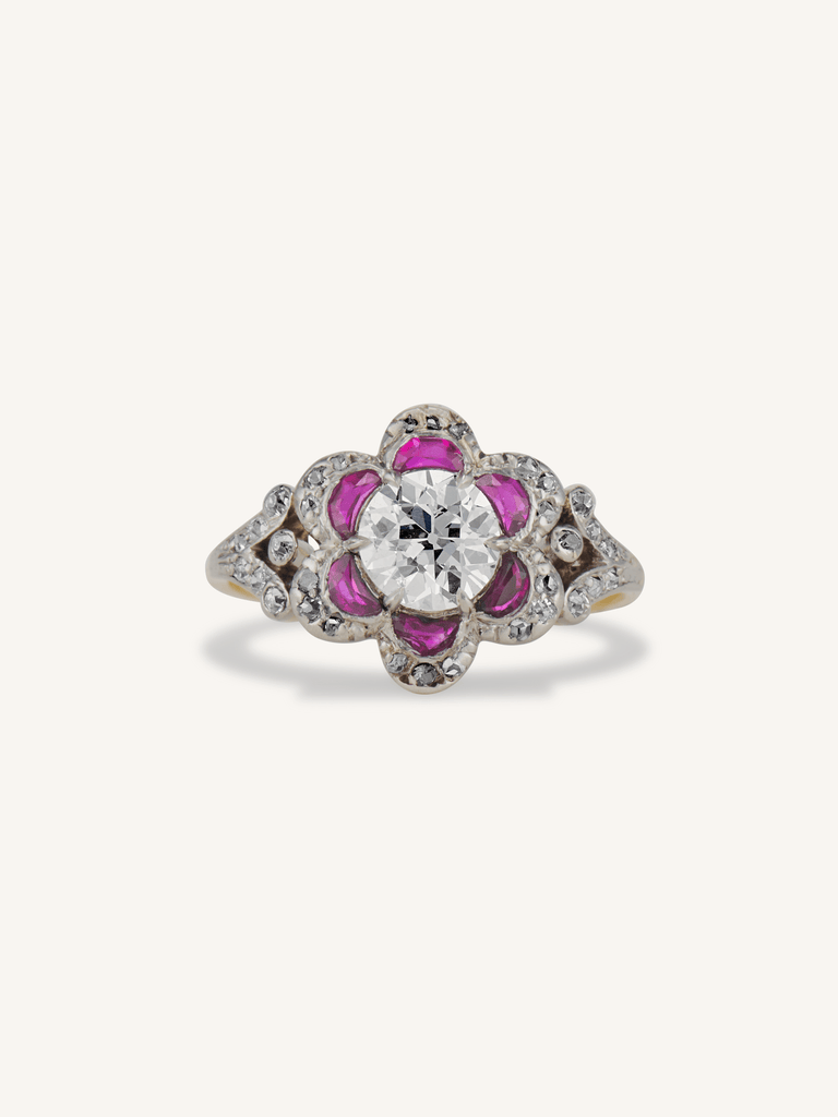 Edwardian Old European Cut Diamond & Ruby Florette Cluster Vintage Engagement Ring