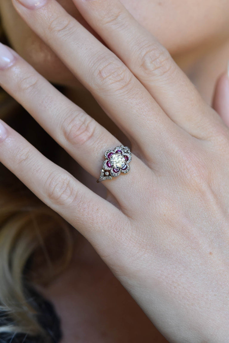 Edwardian Old European Cut Diamond & Ruby Florette Cluster Vintage Engagement Ring