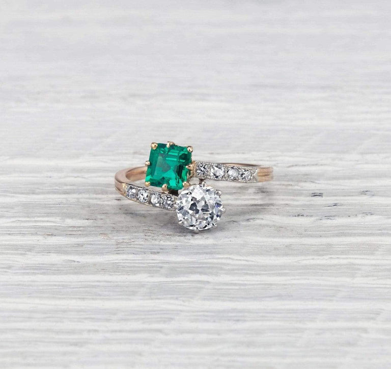 Edwardian Emerald and Diamond 'Moi et Toi' Ring