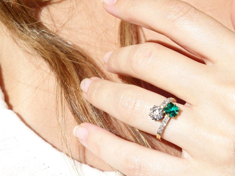 Edwardian Emerald and Diamond 'Moi et Toi' Ring