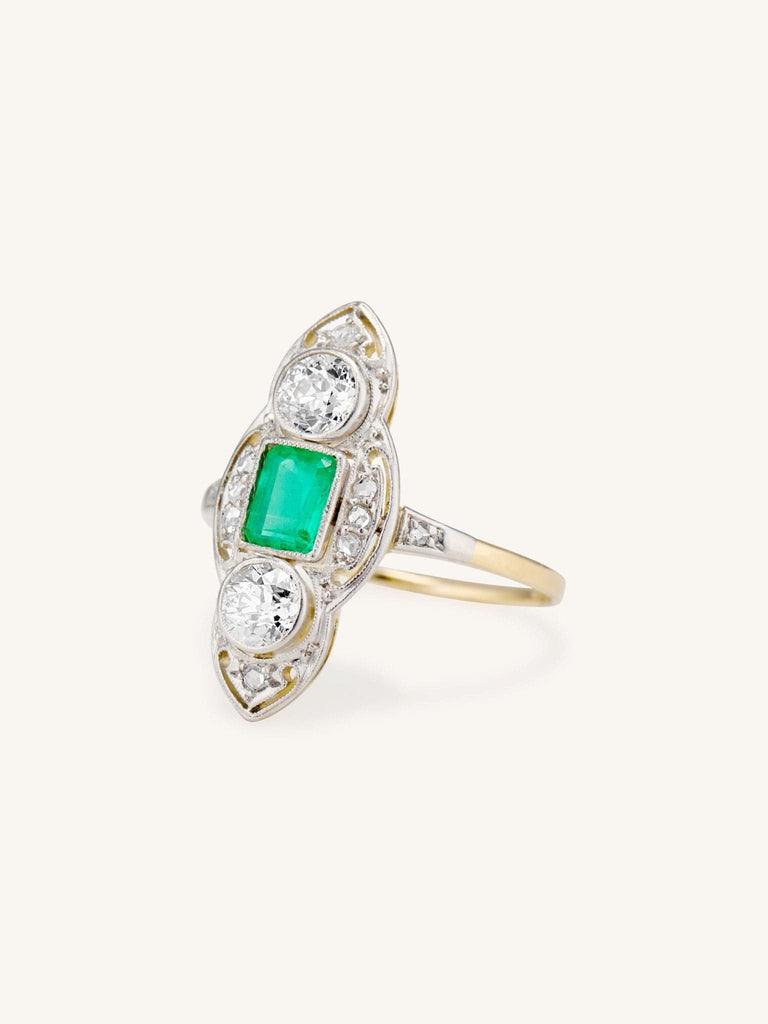 Edwardian Emerald Cut Emerald & Diamond Three Stone Dinner Ring