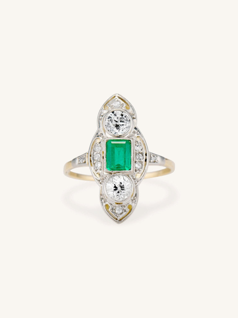 Edwardian Emerald Cut Emerald & Diamond Three Stone Dinner Ring