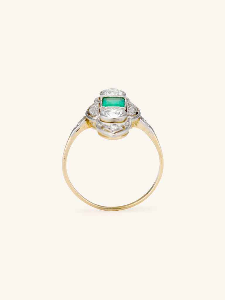 Edwardian Emerald Cut Emerald & Diamond Three Stone Dinner Ring
