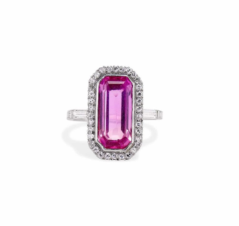 Edwardian Emerald Cut Pink Topaz and Diamond Ring
