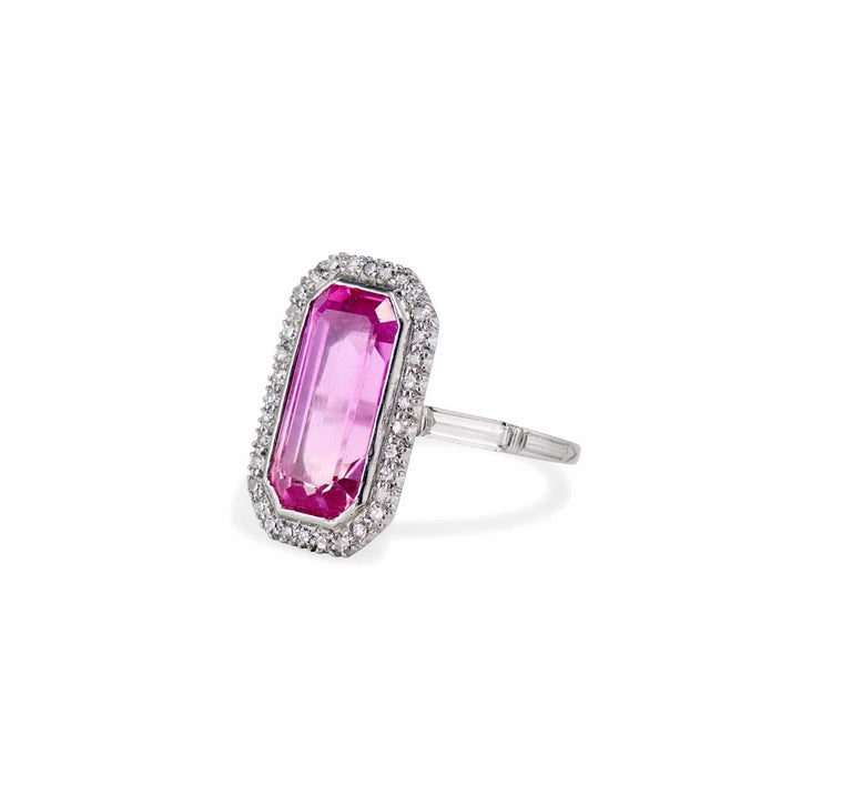 Edwardian Emerald Cut Pink Topaz and Diamond Ring