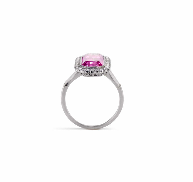 Edwardian Emerald Cut Pink Topaz and Diamond Ring