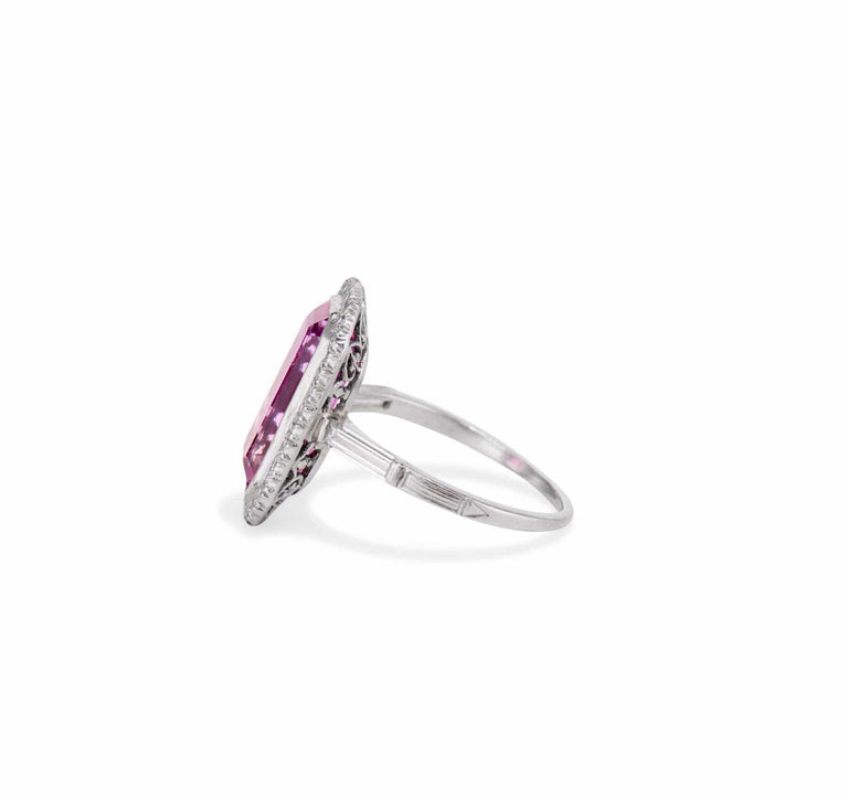 Edwardian Emerald Cut Pink Topaz and Diamond Ring