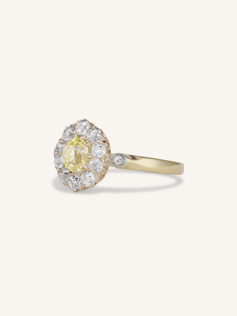 Edwardian Fancy Yellow Diamond Cluster Engagement Ring