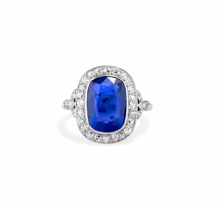Edwardian French Cushion-Cut Burma Sapphire Diamond and Platinum Cluster Ring