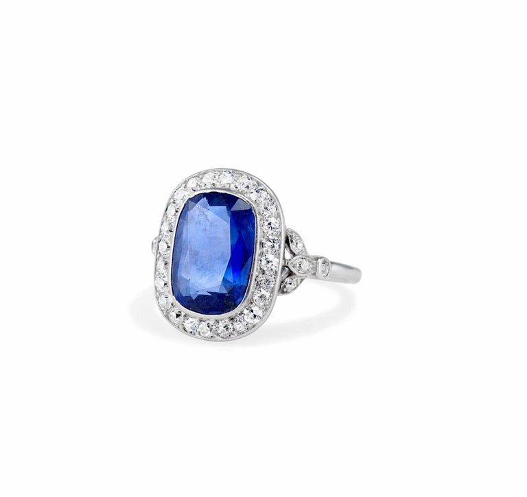 Edwardian French Cushion-Cut Burma Sapphire Diamond and Platinum Cluster Ring