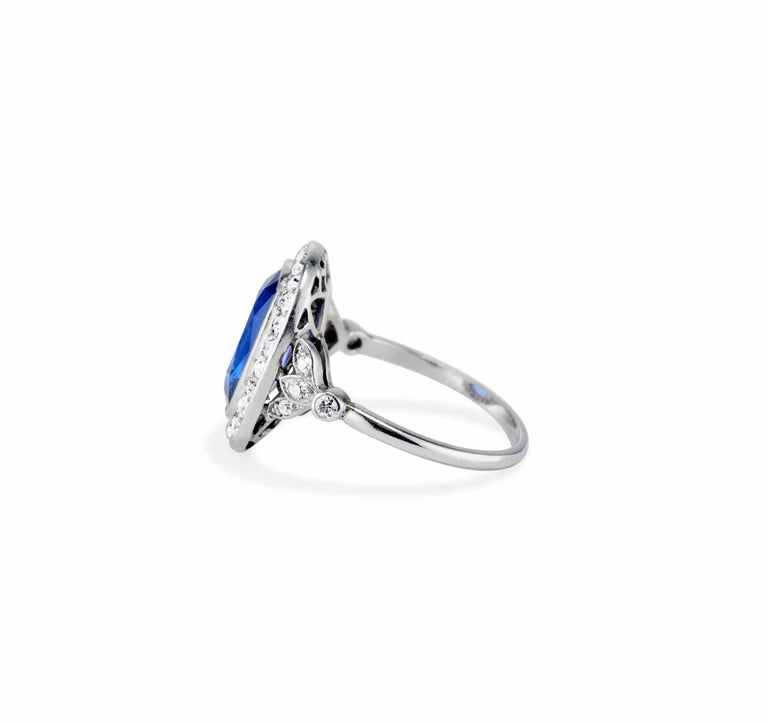 Edwardian French Cushion-Cut Burma Sapphire Diamond and Platinum Cluster Ring