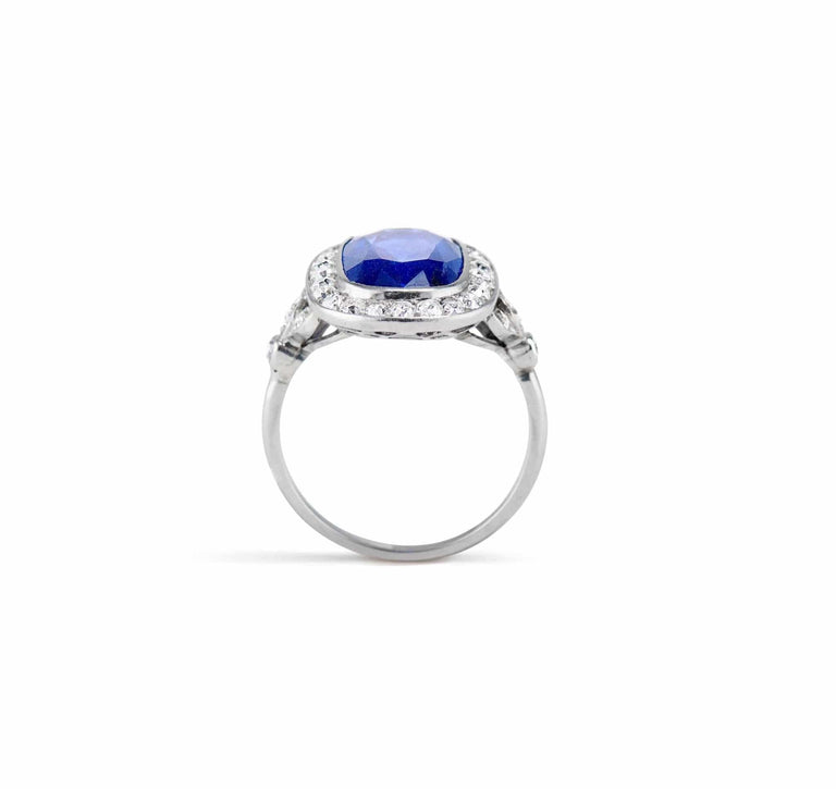 Edwardian French Cushion-Cut Burma Sapphire Diamond and Platinum Cluster Ring