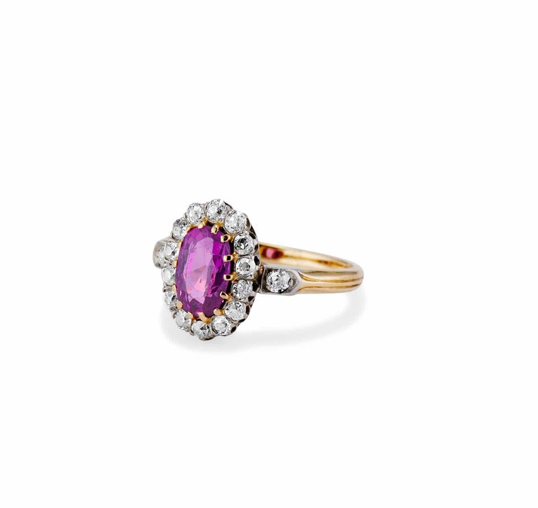 Edwardian I.50 Carat Pink Sapphire and Diamond Cluster Engagement Ring