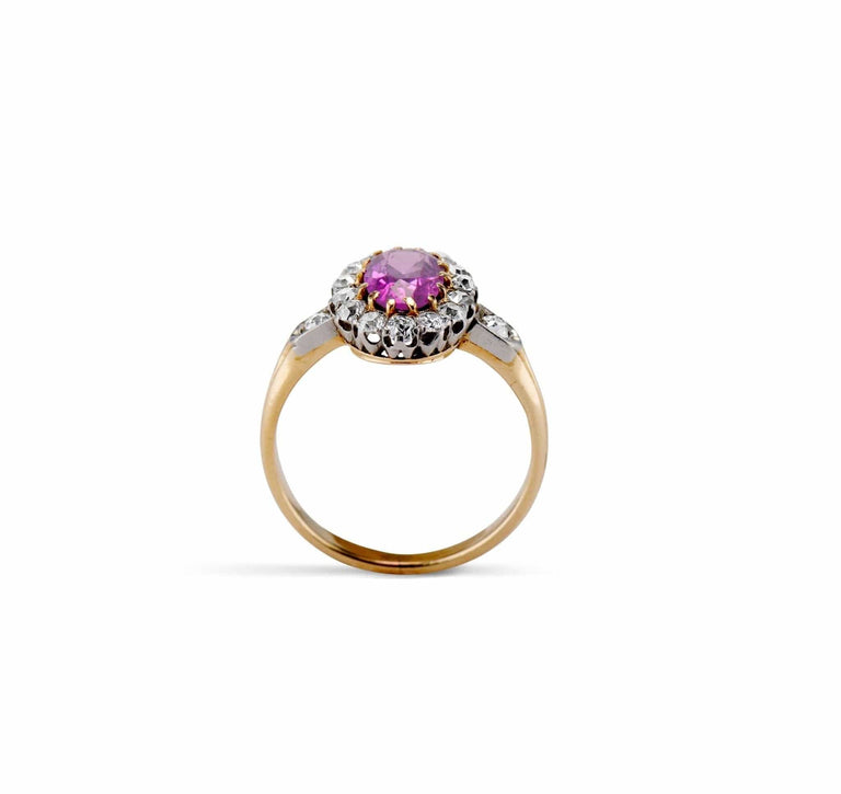 Edwardian I.50 Carat Pink Sapphire and Diamond Cluster Engagement Ring