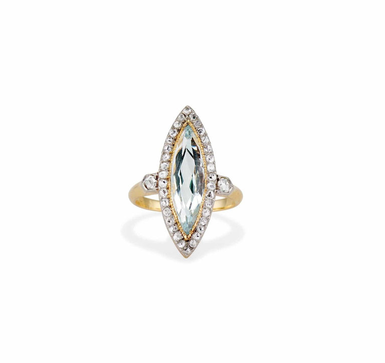 Edwardian Marquise Cut Aquamarine & Diamond Dinner Ring