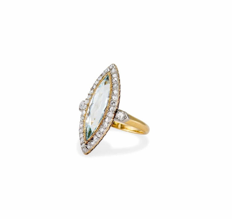 Edwardian Marquise Cut Aquamarine & Diamond Dinner Ring