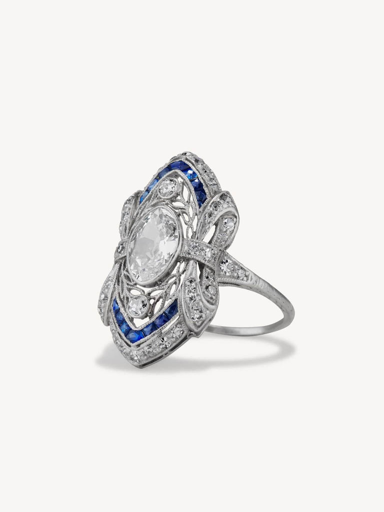 Edwardian Moval Shaped Diamond and Sapphire Dinner Ring
