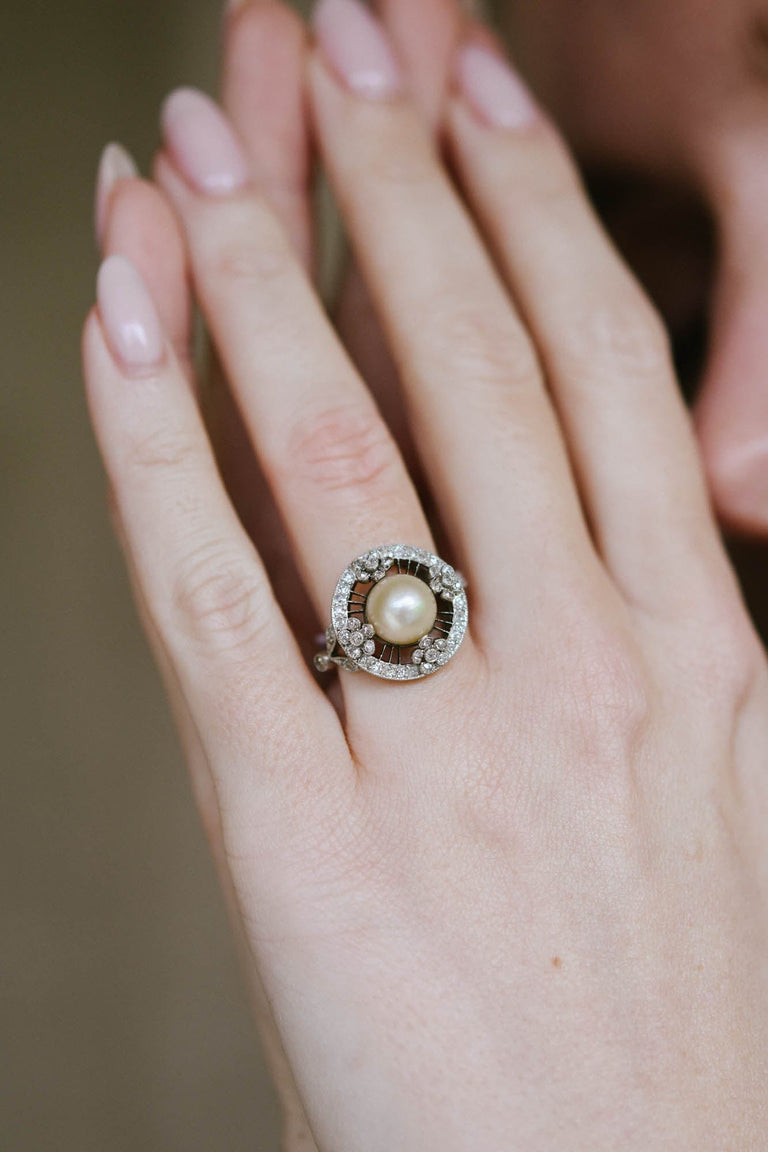 Edwardian Natural Saltwater Pearl & Diamond Dinner Ring
