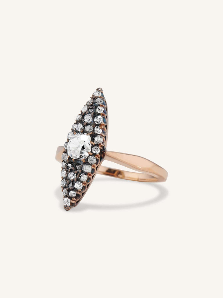 Edwardian Old Mine Cushion & Rose Cut Diamond Cluster Dinner Ring