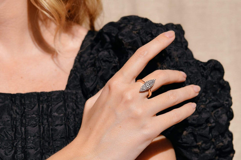 Edwardian Old Mine Cushion & Rose Cut Diamond Cluster Dinner Ring