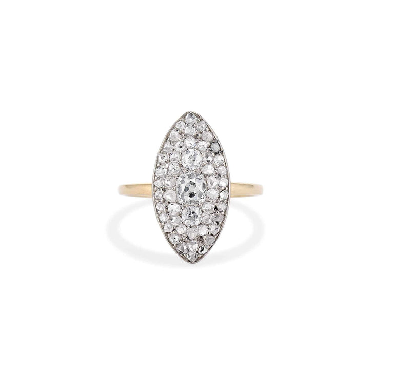 Edwardian Old Mine Cushion & Rose Cut Diamond Two Tone Navette Ring
