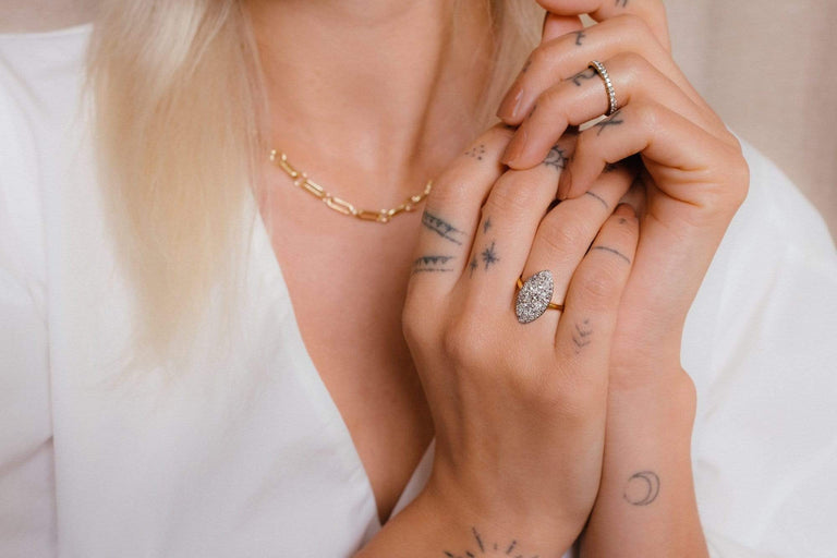 Edwardian Old Mine Cushion & Rose Cut Diamond Two Tone Navette Ring