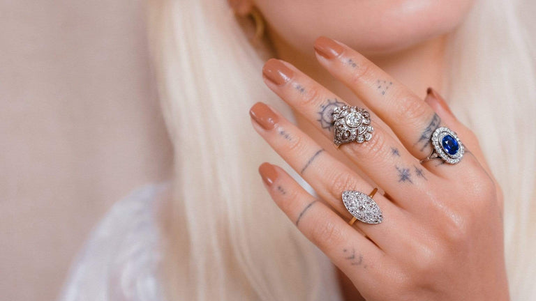 Edwardian Old Mine Cushion & Rose Cut Diamond Two Tone Navette Ring