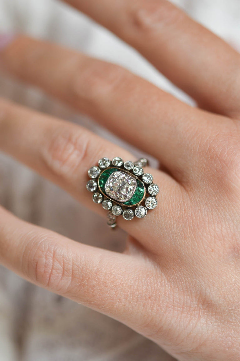 Edwardian Old Mine Diamond & Emerald Antique Target Ring