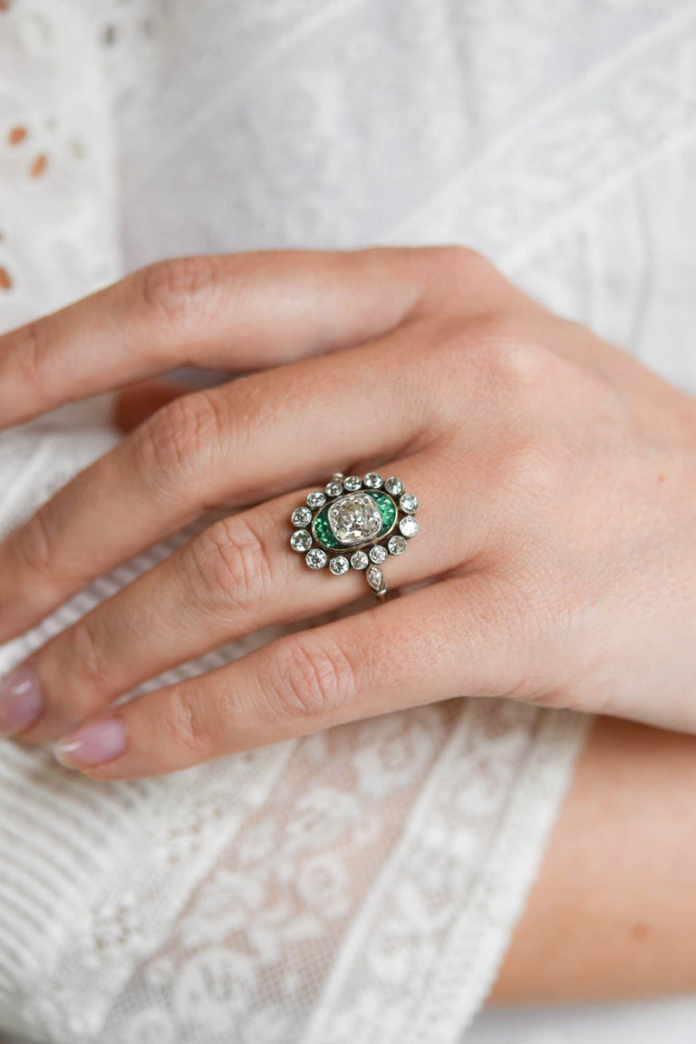 Edwardian Old Mine Diamond & Emerald Antique Target Ring