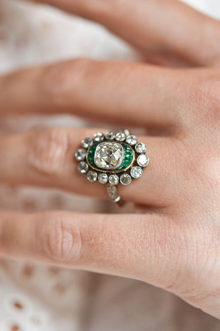 Edwardian Old Mine Diamond & Emerald Antique Target Ring