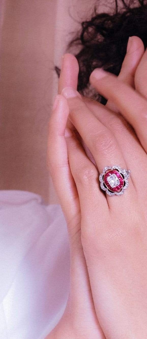 Edwardian One Carat Old Mine Cut Diamond & Ruby Scalloped Ring