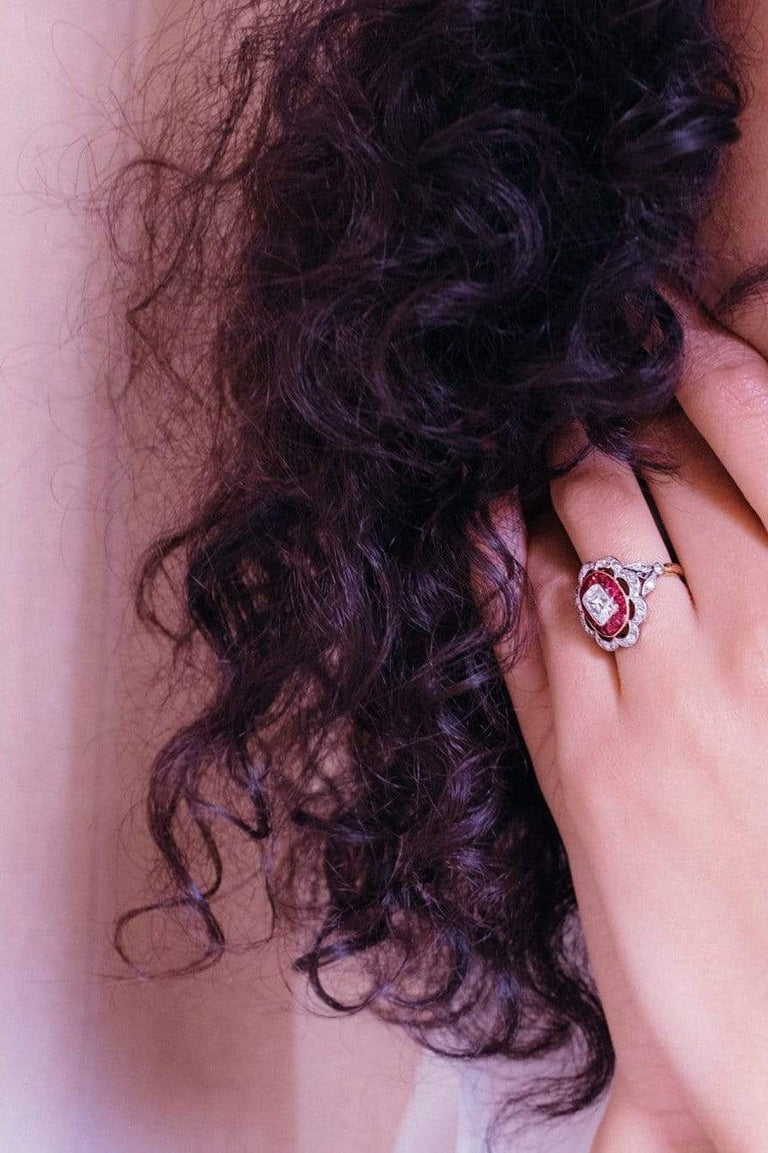 Edwardian One Carat Old Mine Cut Diamond & Ruby Scalloped Ring