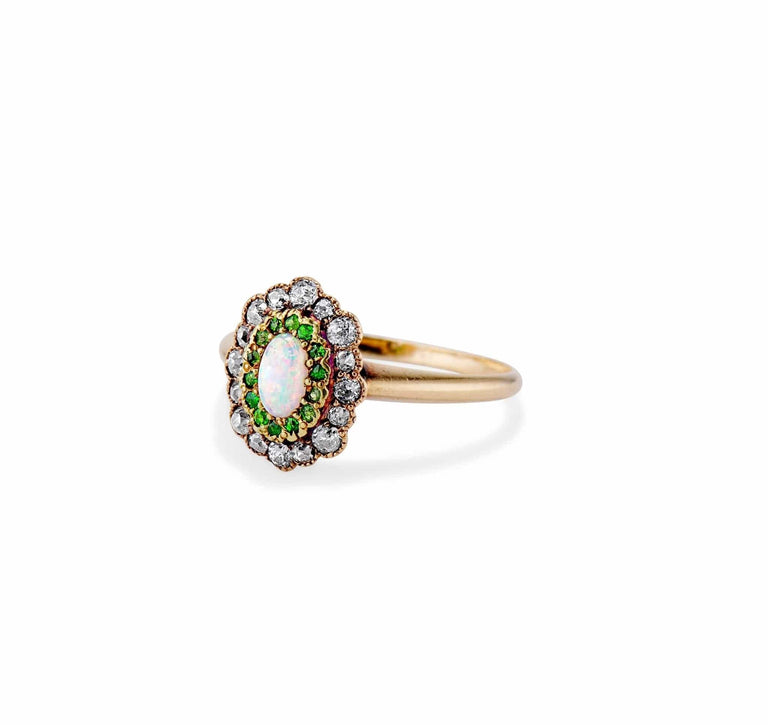 Edwardian Opal Diamond and Demantoid Ring