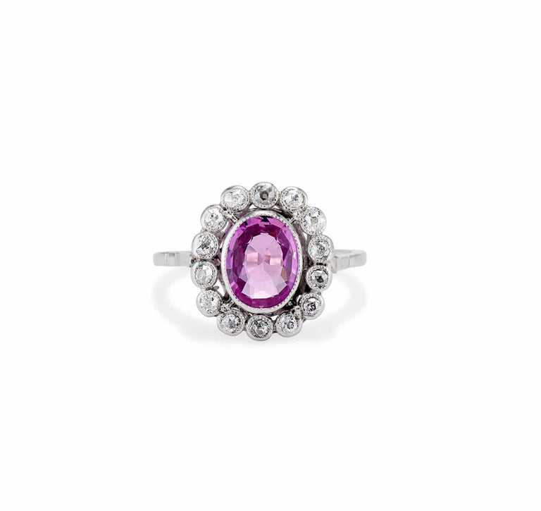 Edwardian Oval-Cut Pink Sapphire & Diamond Cluster Ring, France